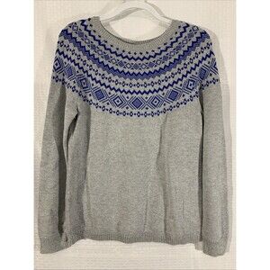 Talbots Gray and Blue Patterned Crew Neck Sweater